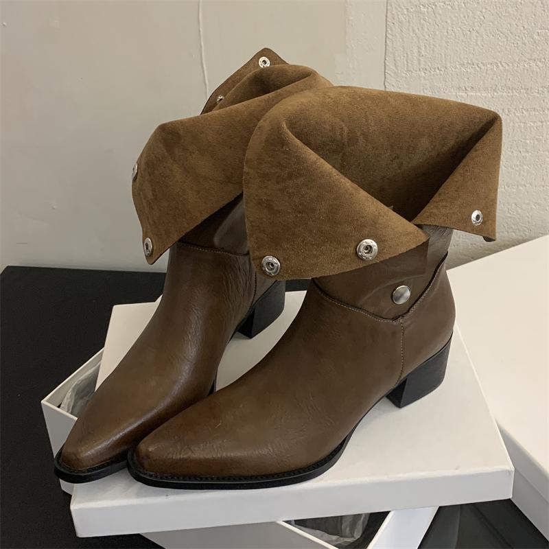 Fashion Eilyken Winter Vintage Fashion Fold Short Pointed Toe Women Ankle Boots Square Low Heels Booties Shoes Zapatos De Mujer