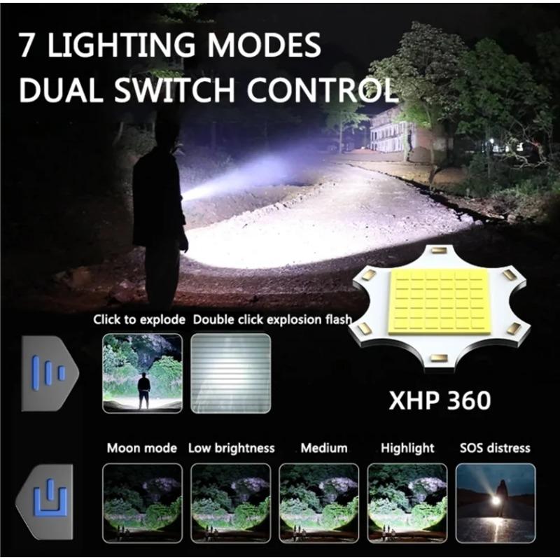 Ultra Bright Flashlight XHP360 LED Zoomable Spotlight Long Range Emergency Torch USB-C Rechargeable Detachable 18650 Battery