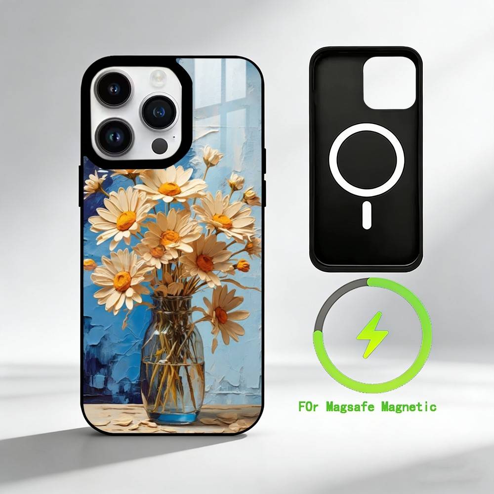 O-Oil Painting Daisy Mobile Phone Case For iPhone 17 16 15 14 13 12 Pro Max Plus for Mirror Wireless Magnetic Cover