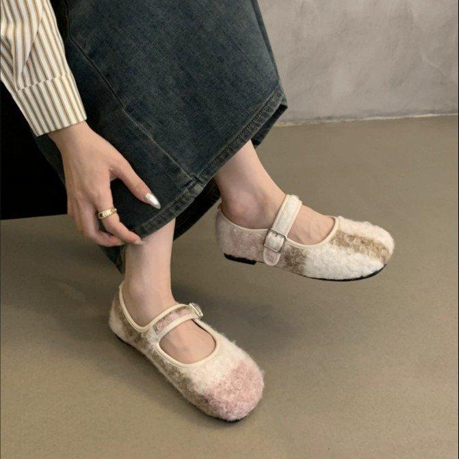 Fairy Fluffy Shoes Female Winter Wear 2025 New Korean Version of High-end Color Matching and Velvet Warm Flat Mary Jane Shoes