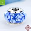 Sterling Silver 925 Blue Pattern Murano Glass Spacer Bead, Threaded, Large Hole, SCZ006