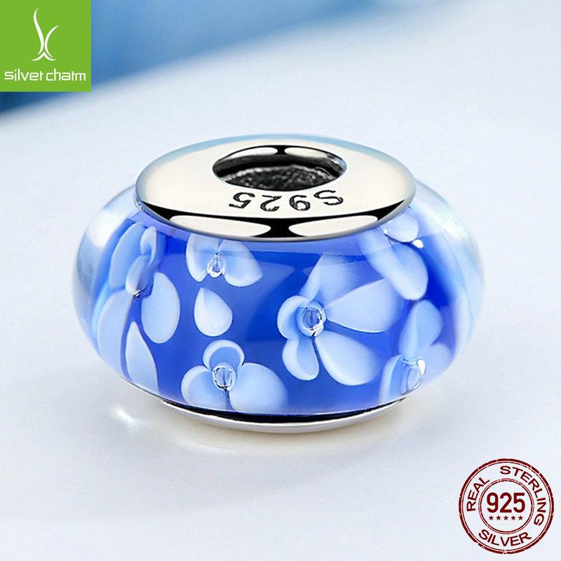 Sterling Silver 925 Blue Pattern Murano Glass Spacer Bead, Threaded, Large Hole, SCZ006