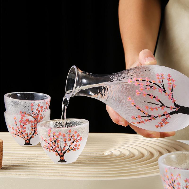 Cherry Blossom & Plum Glass Sake Set: Hand-Painted Pot & Cups