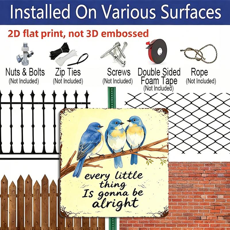 2D Flat 1pc Three Blue Birds on Branch Aluminum Hanging Plaque, "Every Little Thing Is Gonna Be Alright" Aluminum Wall Decor, Boho Farmhouse Garden