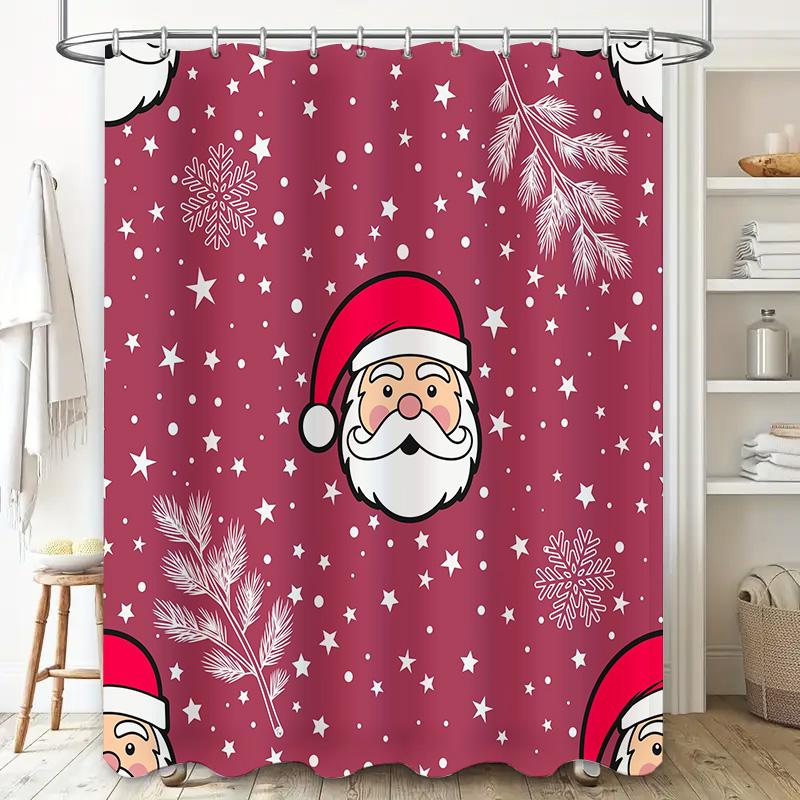Charming Santa Claus Red Shower Curtain with White Stars for Christmas Decoration in Bathroom Home Decor Item