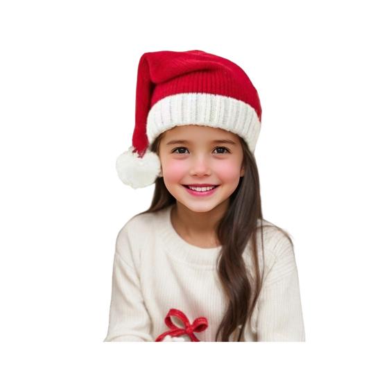 Santa Hat Red White Green Striped Print Knitted Christmas Hat with Plush Ball Decor Holiday Accessory