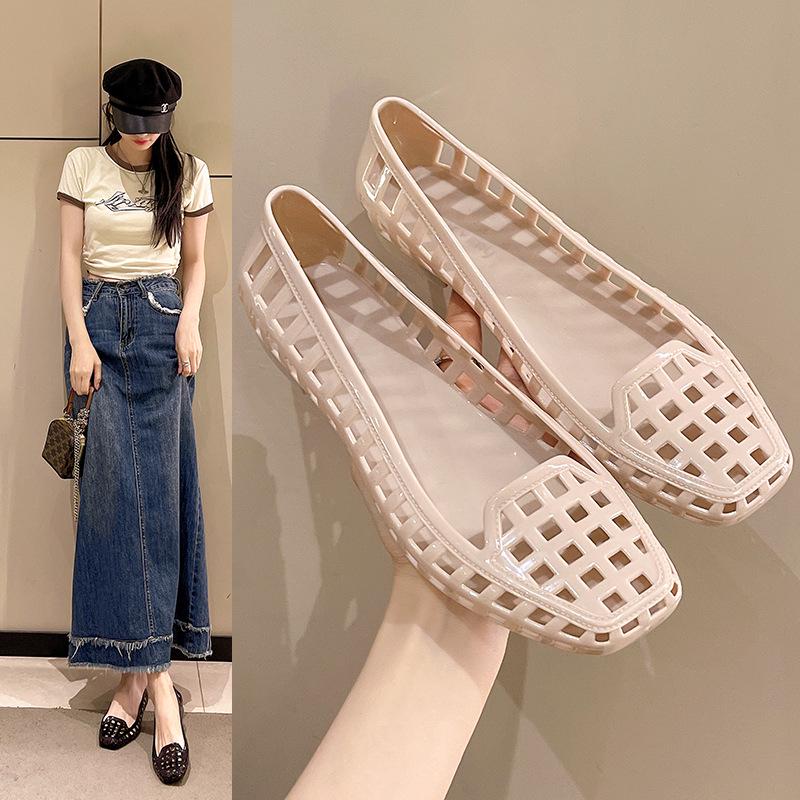 Korean-Style Low-Cut Crystal Flat Sandals & Slip-On Jelly Shoes with Square Toe