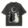 Vintage Funny Moon and Cats Design Men Women's Washed T Shirt Meme Cat Y2k Cotton Oversized Tops