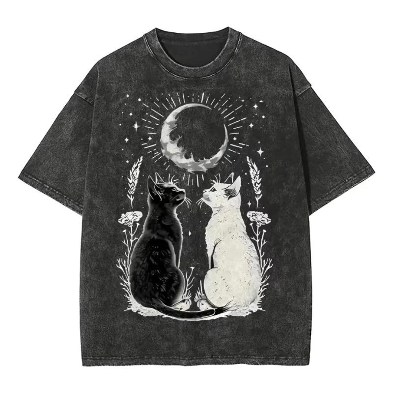 Vintage Lustiges Mond und Katzen Design Herren Damen Gewaschenes T-Shirt Meme Katze Y2k Baumwolle Übergroße Oberteile 2XL black