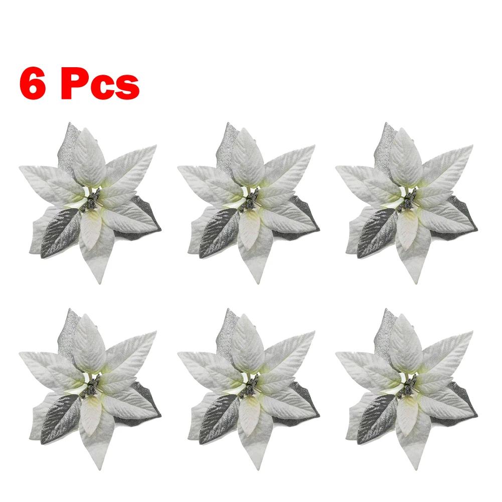 

6pcs Christmas Glittering Flower Decorations Large Poinsettia Xmas Tree Garland Hanging Pendant Garden Wedding Party Decor 22cm серебряный