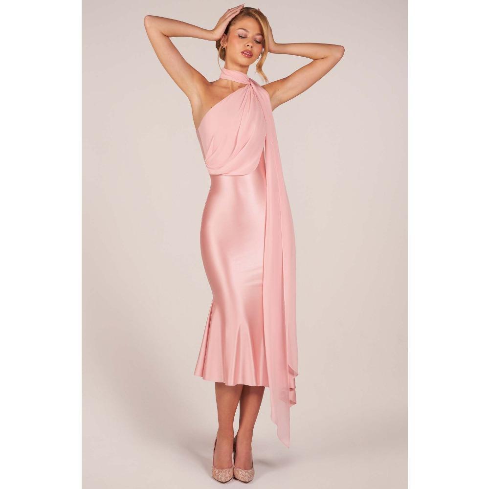 Women s Sexy Slim Neck Premium Elastic Satin Hip Wrap Ribbon Dress S розовый
