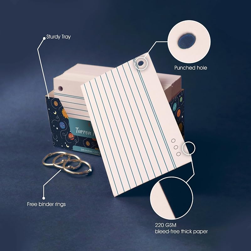 ZOHOKO Flash Cards Tray - 200 GSM, 150 Cards, 3x5 Inch, White - with Free Binder Rings for Short Notes, Cue Cards, Cheat