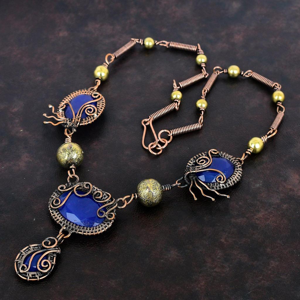 Faceted Blue Sapphire Gemstone Necklace Copper Wire Wrapped Adjustable Chain Necklace Handmade Necklace Wire Wrapped Jewelry Wedding Gifts