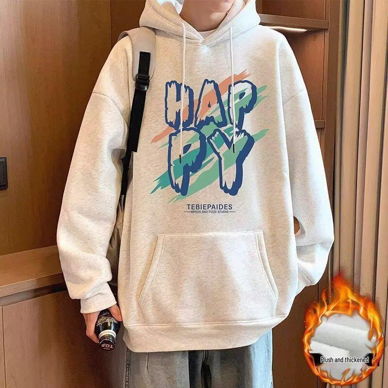 Autumn/Winter Men s Trendy Hong Kong Style Loose Fit Plus Velvet Warm Hoodie L абрикосовый