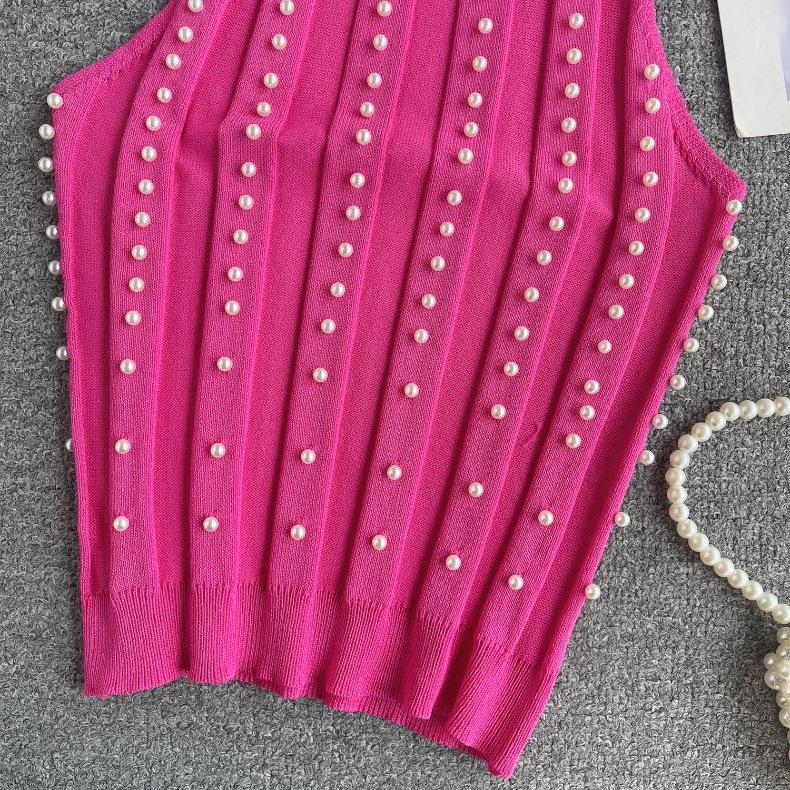 Pure Desire Top Women's Heavy Industry Beads Slim-fitting Short Sexy Off-the-shoulder Neck Sling Vest Women's Versatile Knitted Sweater Tide