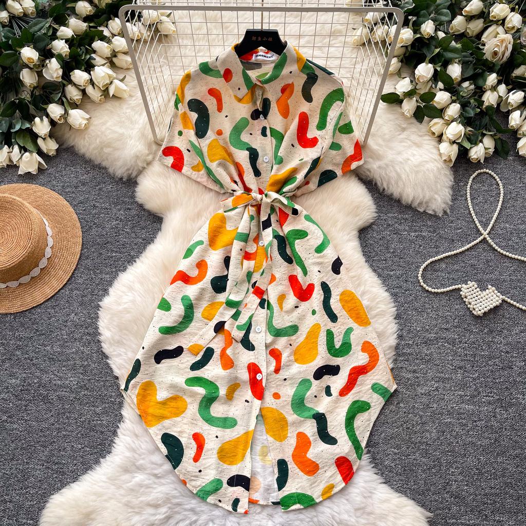 Printed Short-sleeved Dress Women's Summer Waist and Thin A-shaped Skirt Commuter Temperament Shirt Skirt