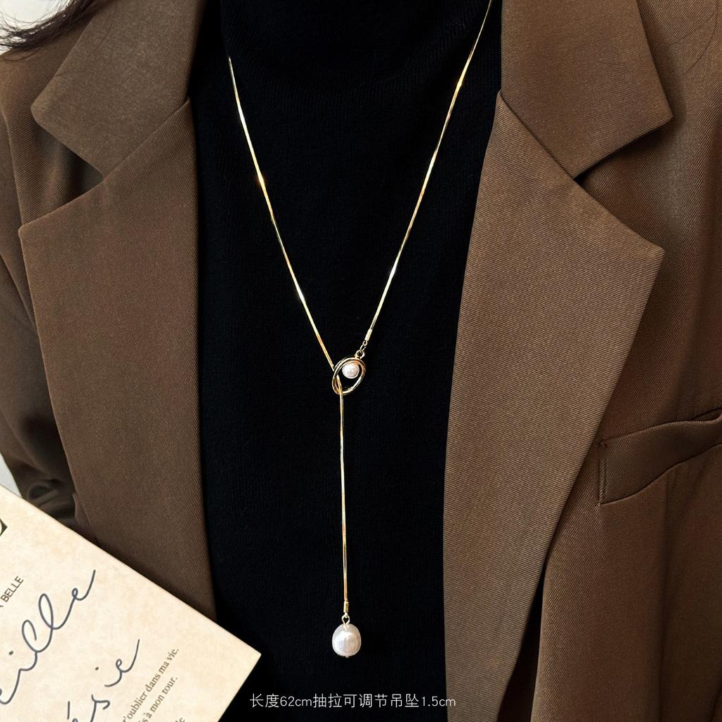 Korean ins style geometric hollow fringed pearl necklace accessories women's fashion sweater chain accessories