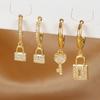 Luxury Zircon Key Lock Asymmetric Hoop Earrings for Women Men Gold Plated Stainless Steel Couple Earrings Wedding Jewerly aretes