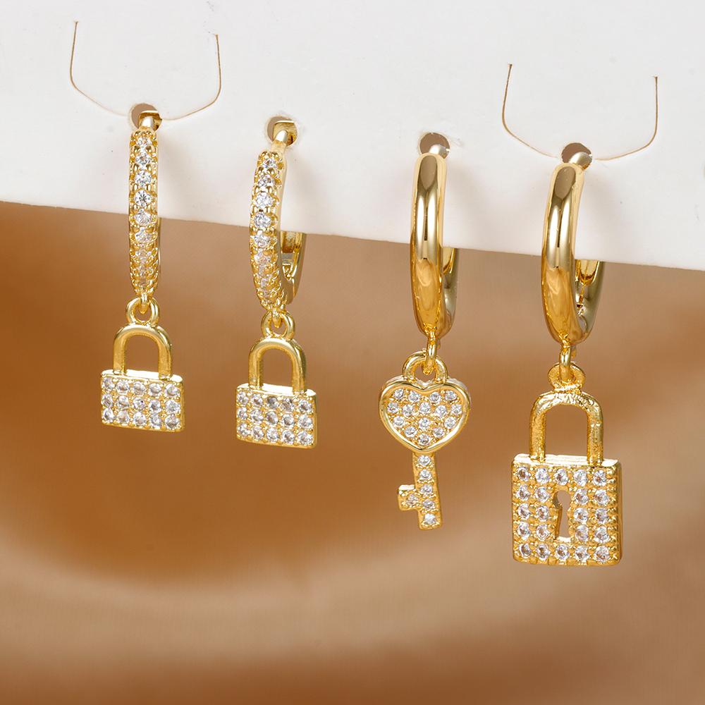 Luxury Zircon Key Lock Asymmetric Hoop Earrings for Women Men Gold Plated Stainless Steel Couple Earrings Wedding Jewerly aretes