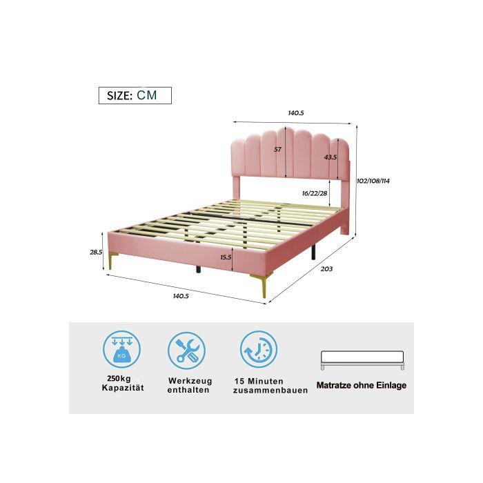 Lit double - MUVOE - 140 x 200 cm - Velours rose - Tête de lit réglable - 250 kg de charge