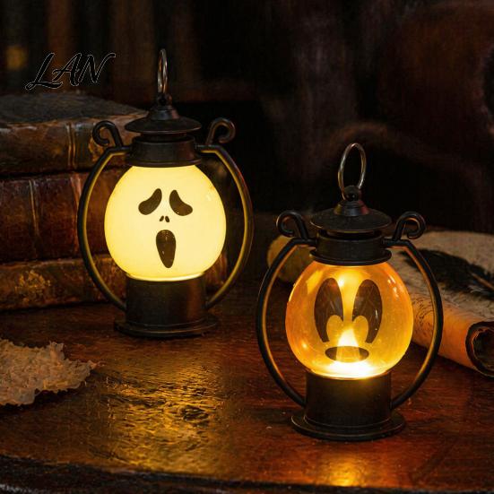 Safe Flameless Candle Halloween Ghost Face Night Light, Portable Retro LED Lamp with Hanging Decorative Lantern Ring, Battery Operated Vintage