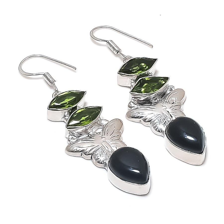 Natural Black Onyx, Peridot Gemstone 925 Sterling Silver Earring 2.36" m7V41