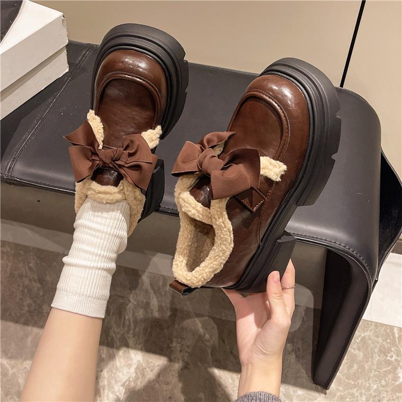 Bow cute velvet small leather shoes women's winter 2025 new British style versatile thick-soled Mary Jane cotton shoes