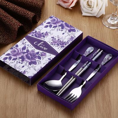 3Pc Set Of Blue And White Porcelain Tableware Stainless Steel Chopsticks Spoon Fork Gift Box Portable Travel Tableware Set