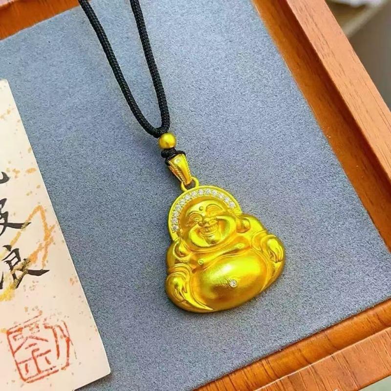 Classics Glossy Maitreya Buddha Pendant Antique Gold Craftsmanship Vintage Inlay Dot Diamond Necklace Charms Banquet Jewelry