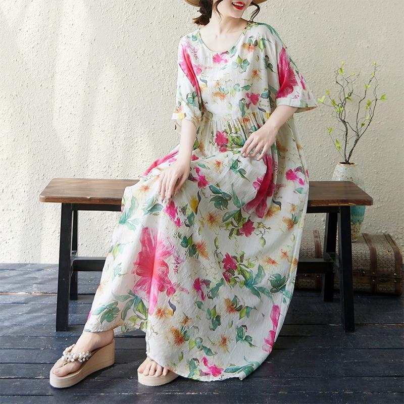 Real shot summer thin cotton and linen round neck short sleeve simple flower bohemian medium and long foreign trade dress women