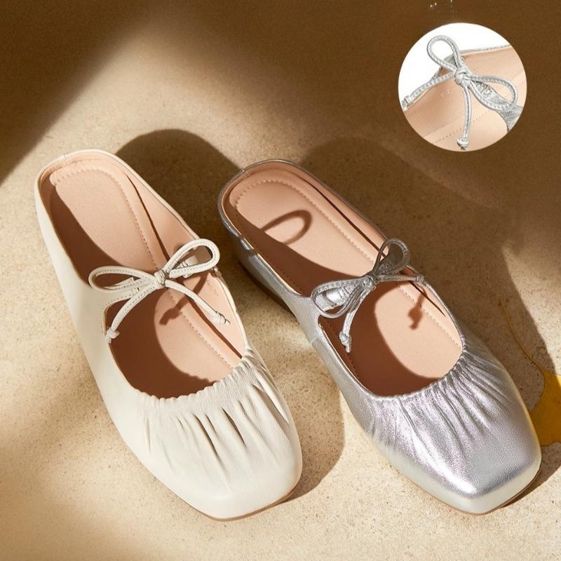 Bow Wrapped Head Drag Square Head Shallow Mouth Super Soft Pleated Lace Up Soft Bottom Non-Slip Vintage Outside Wear Half Drag