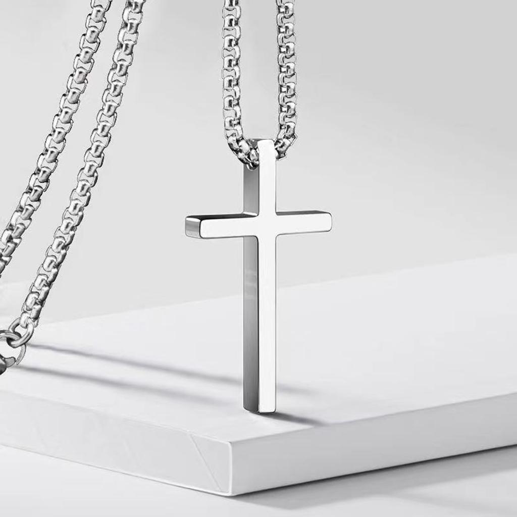 Cross Necklace for Men Women, Silver Color Plain Cross Pendant Collar with Stainless Steel Box Chain