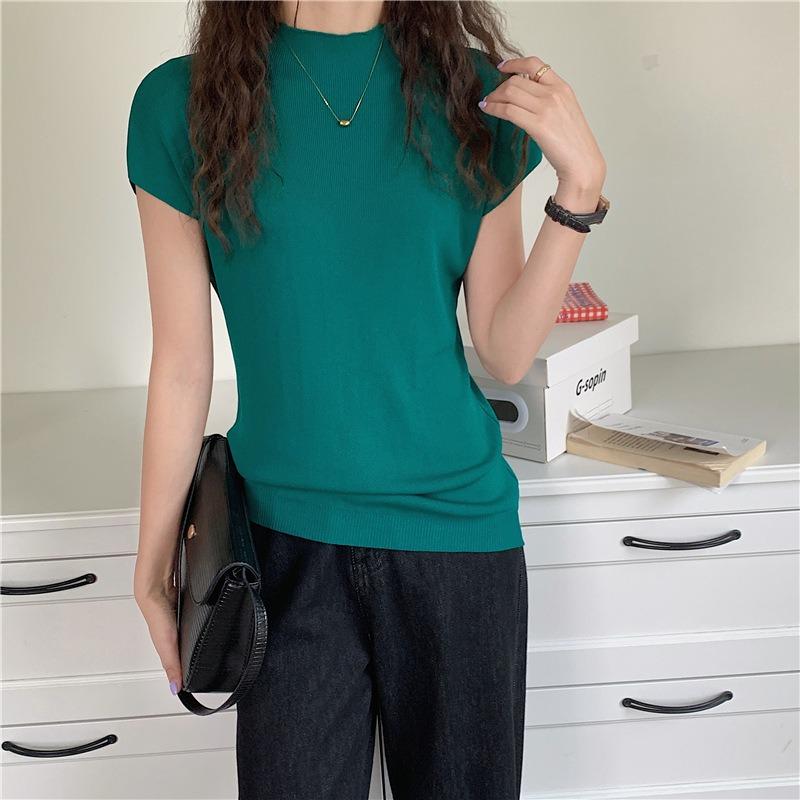 Ice Silk Knitted Short-sleeved Top Women's Semi-turtleneck Slim Knitted Sweater Women's Shirt Base Outer Wear Short Summer