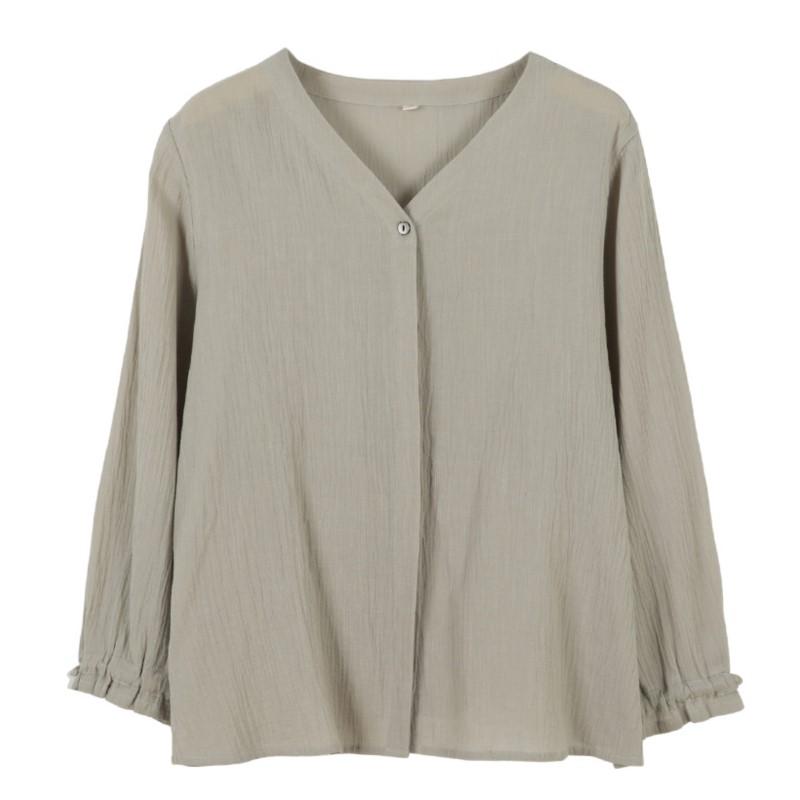 Johnature Women Shirts Tops V-Neck Long Sleeve Blouses Spring Button Solid Color Casual Women Shirts