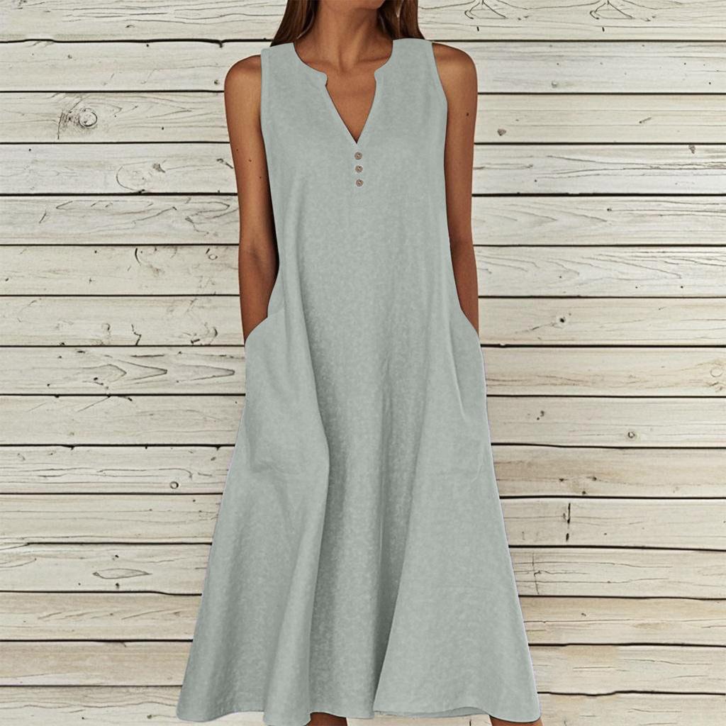 Women's Sleeveless V-Neck Button Front A-Line Dress with Side Pockets in Multiple Colors