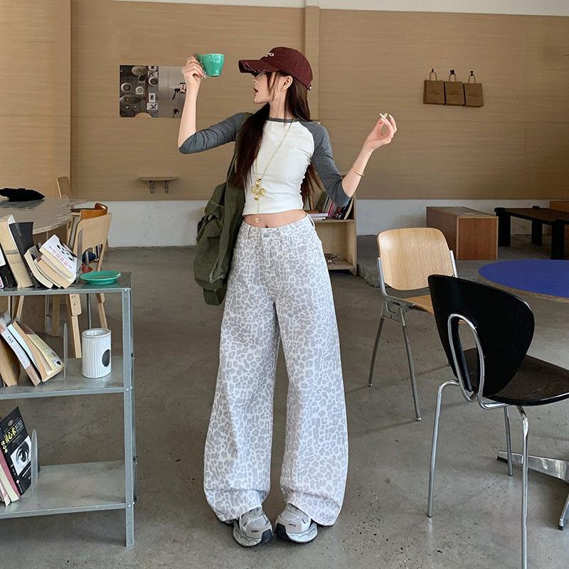 Small new leopard print wide-leg jeans women's summer American design sense loose and thin casual straight trousers