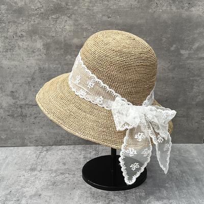 Sweet Lace Bow Streamer Straw Hat Women Spring Summer Thin Raffia Straw Bucket Hat Travel Vacation Visor