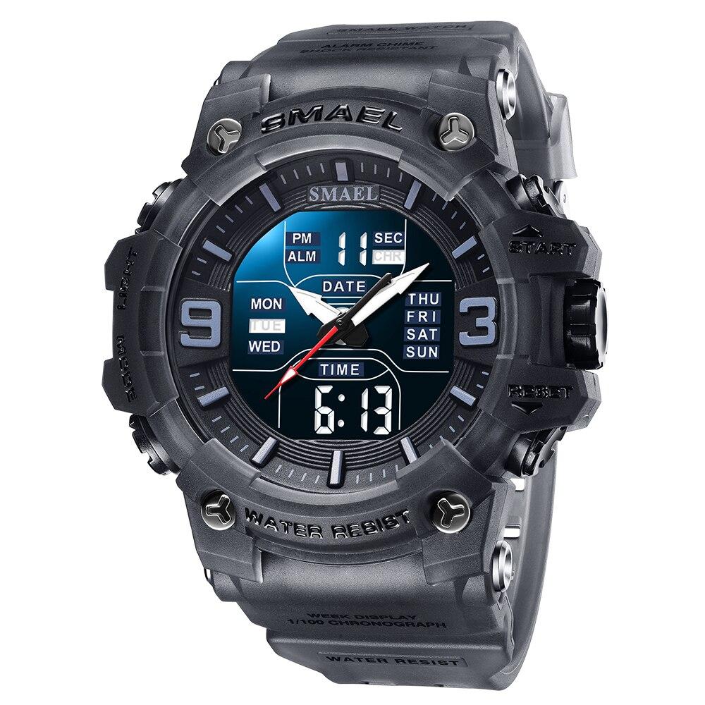 SMAEL Heren Dubbele Display Horloges Sport Waterdicht LED Licht Wekker Dubbele Tijdweergave Week Automatische Datum Polshorloges 8049 Sport Polshorloge