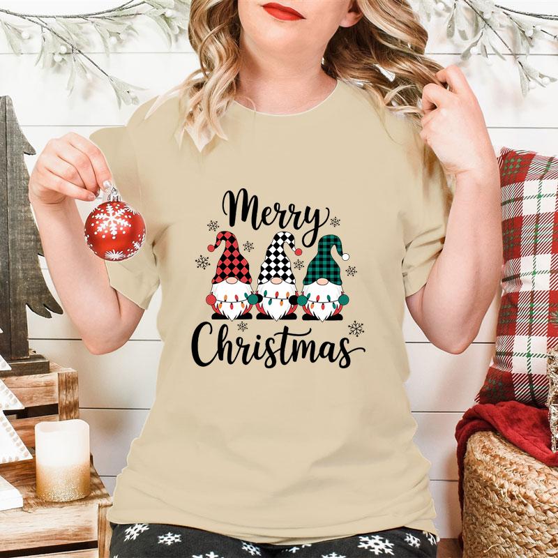 Merry Christmas Gnomes Print Womens Tshirt Fashion Casual Holiday Party Female Tops Tees Short Sleeve Tshirt Women Xmas Gift