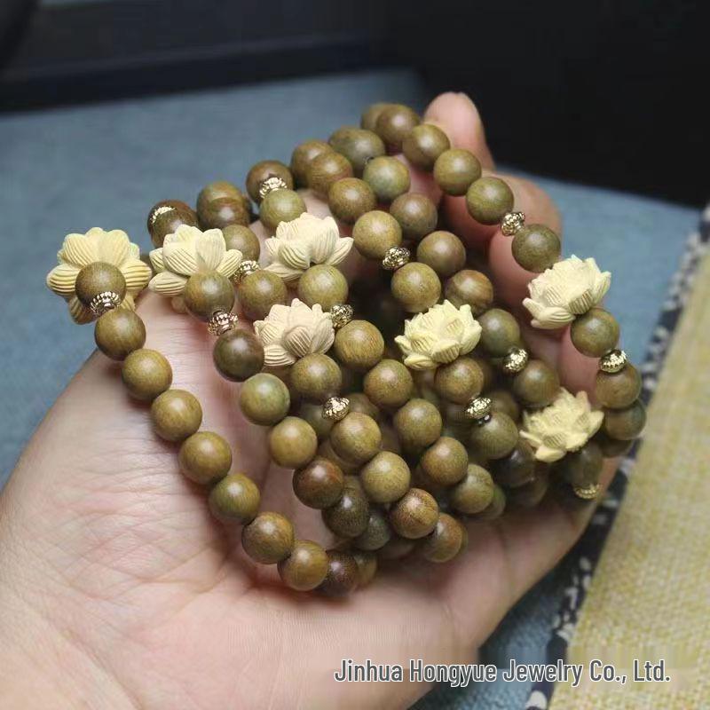 Chinese Style Lotus Green Sandalwood Bracelet for Men Women - Ancient Style Prayer Beads Couple Bracelet