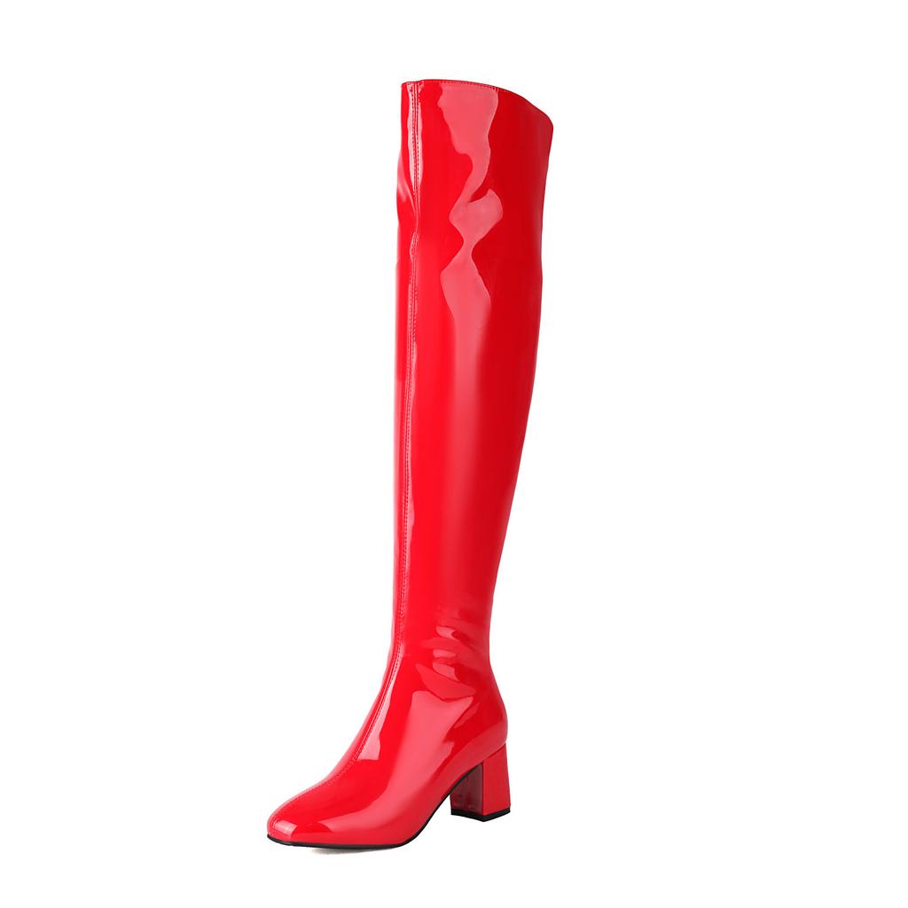 Metallic Gold Silver Thigh High Long Boots Women's Patent Leather Over the Knee High Boots Chunky Heels Shoes