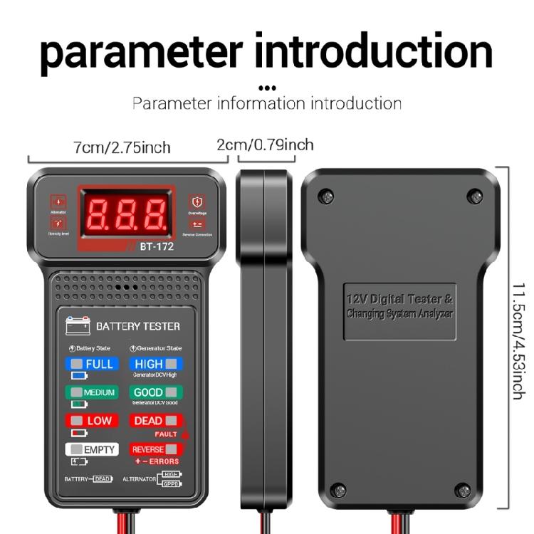 BT172 Battery Voltage Tester Measurement Device for Routine Vehicle Maintenance Troubleshooting Motorists Service Center