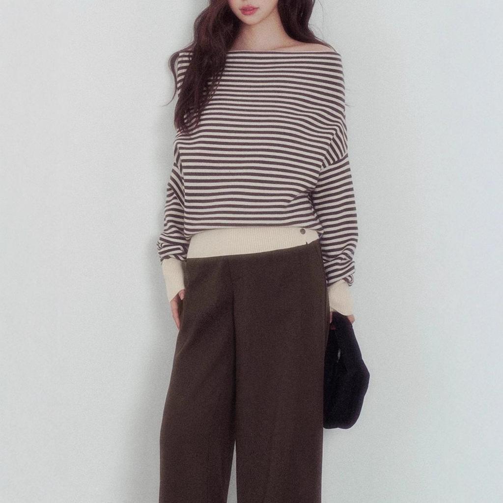 MAXMENT One-Shoulder Striped Retro Knit Sweater in Autumn Mocha