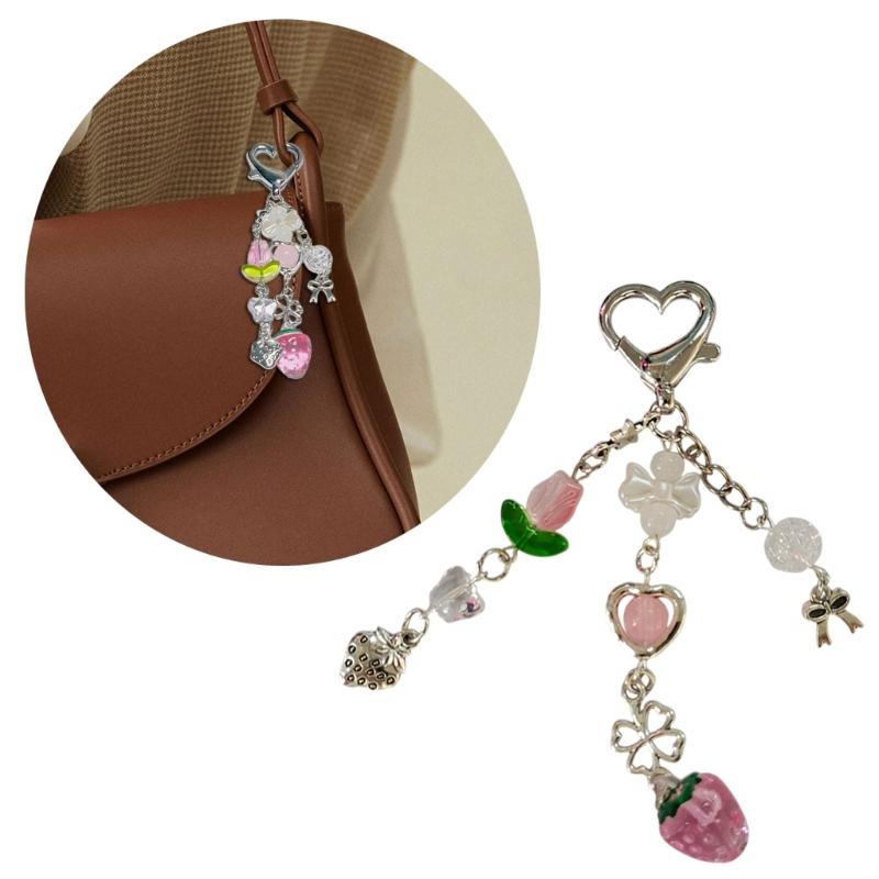 Aesthetic Keychain with Star and Strawberry Charm Fashionable Key Holder Unique Purse Decoration for Daily Party
