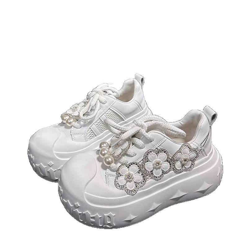Rhinestone Ugly Cute Big Head Muffin Platform Bread Shoes Women's Mesh Breathable Small Height Increase Casual Shoes