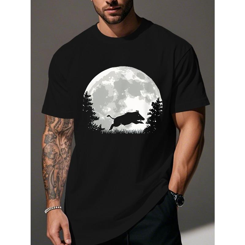 Men's T-Shirt - Black Geometric Moonlit Forest Design,Breathable Summer,Plus Size Regular Fit,Machine Washable, Casual Wear, Outdoor ,Comfortable Wear