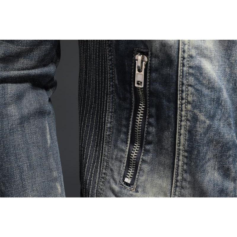 High End Men's Denim Jacket Casual Retro Big Size Stand Collar Zipper Biker Motorcycle Coat