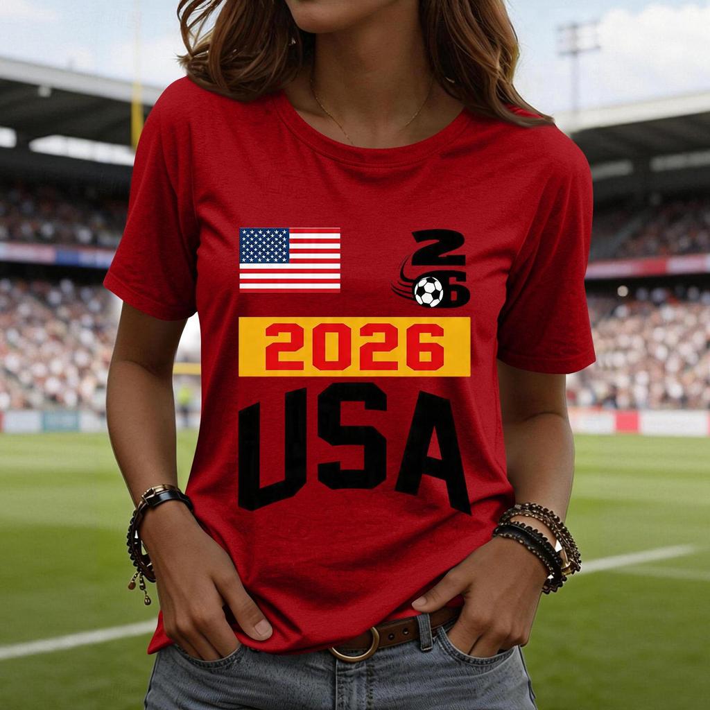 Women's Casual Short Sleeve T-Shirt Fashion Soccer World Cup Printed Crew Neck Top Lightweight Comfortable Fit USA 2026 Design