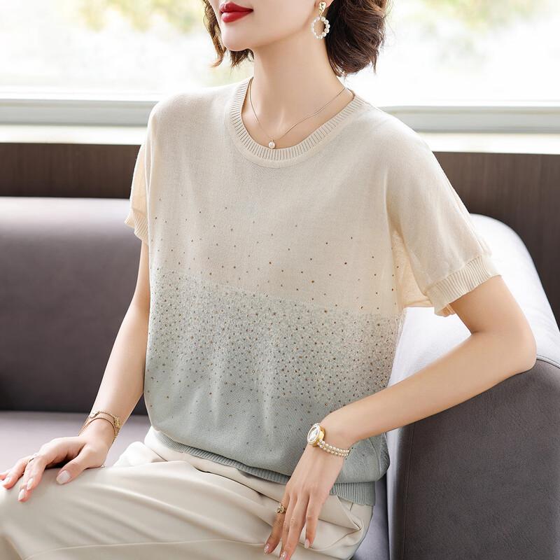 Qianlian Women's Summer Gradient Rhinestone Knit T-Shirt