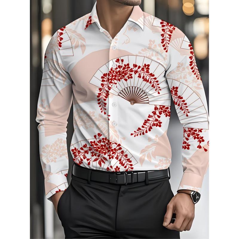 New Gold-plated Floral Print Men's Long Sleeved Shirt, Light Luxury Retro Court Style Shirt, Business Casual Trendy Top